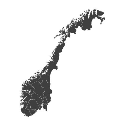 Eine Karte von Norwegen, die die geografischen Grenzen, Städte und Regionen des Landes zeigt.