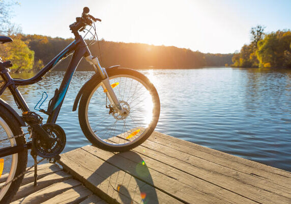 bike on the river with a bag on the trunk