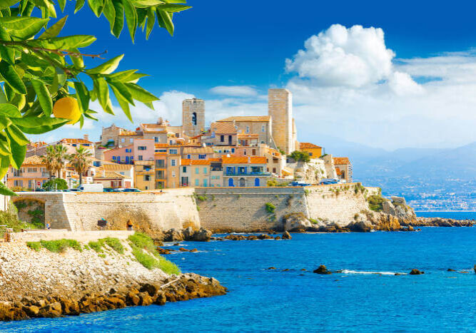 Altstadt von Antibes an der Côte d’Azur, Frankreich, auf einer Felsküste mit Blick auf das Mittelmeer und Zitronenbaum im Vordergrund.