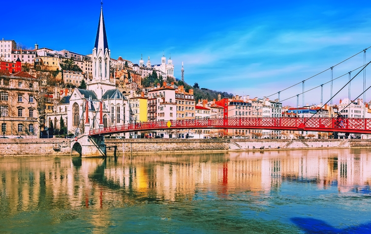 Saint Georges footbridge and the Saint Georges church in Lyon, France