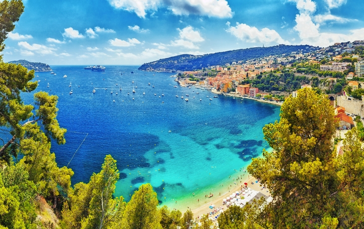 Nice, Cote d'Azure, South coast of France, Europe. View on town Nice coastline, luxury summer resort in France.