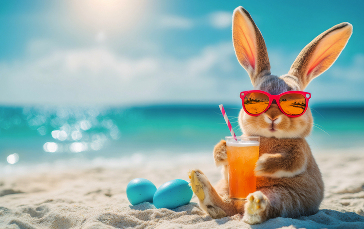 Osterhase entspannt sich mit einem kühlen Getränk an einem sonnigen Strand und genießt Ostern in einem tropischen Paradies