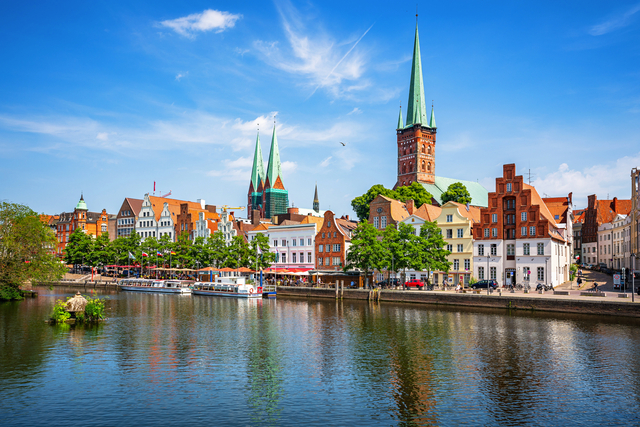 Classic panoramic view of historic skyline of hanseatic town of 